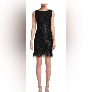 Adrianna Papell Black Sequined Dress With Feather Trim In Black NWT